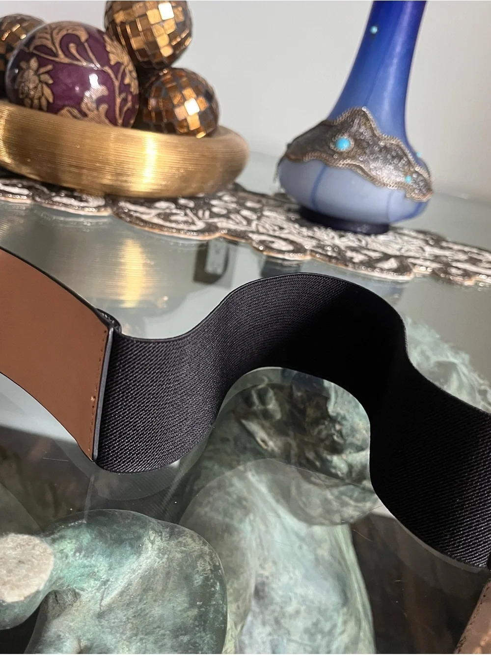 Michael Kors Black Leather Belt with middle Elastic Band and Silver MK Buckle